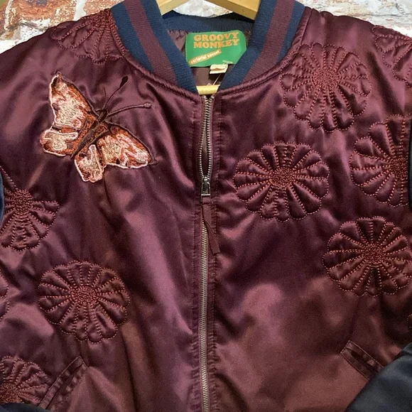 Max Studio Groovy Monkey Embroidered Bomber Jacket Sz Med - Picture 3 of 15